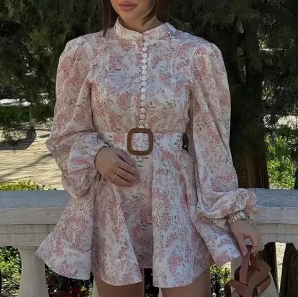 Printed Belt Women' Dresses Stand CollarSingle Breasted Puff Sleeve Mini Dress